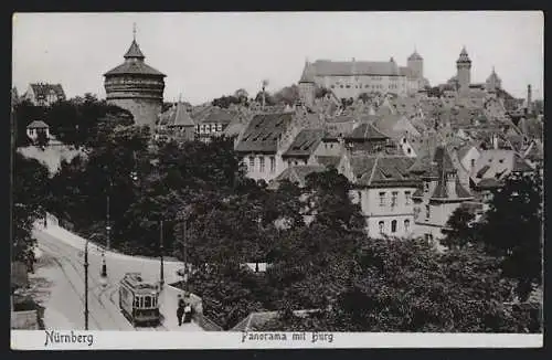 AK Nürnberg, Panorama mit Strassenbahn und Burg