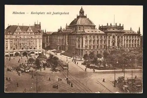 AK München, Strassenbahn am Karlsplatz mit Justizpalast