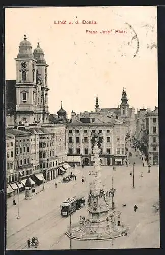 AK Linz a. d. Donau, Strassenbahn auf dem Franz Josef Platz