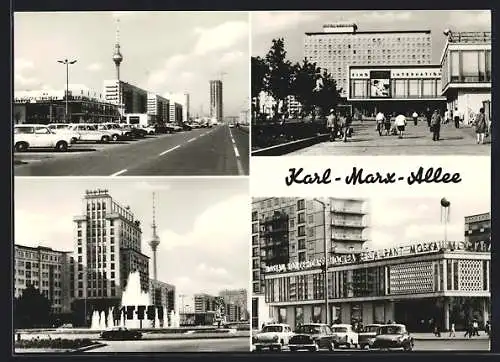 AK Berlin, Die Karl-Marx-Allee mit Kino International, Restaurant Moskau, Blick zum Fernsehturm