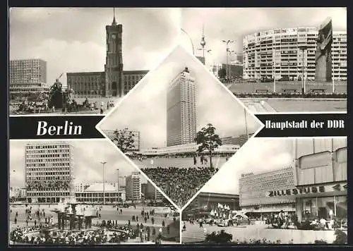 AK Berlin, Rotes Rathaus mit Neptunbrunnen, Leninplatz, Interhotel Stadt Berlin, Alexanderplatz und Haus des Lehrers