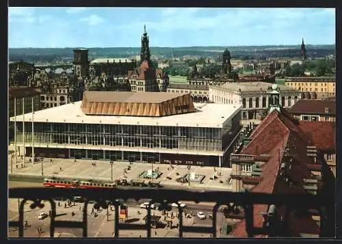 AK Dresden, Blick von der Kreuzkirche zum Kulturpalast, Strassenbahn