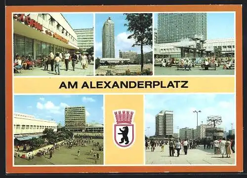 AK Berlin, Am Alexanderplatz, Cafeteria, Blick zum Interhotel Stadt Berlin, Brunnen der Völkerfreundschaft