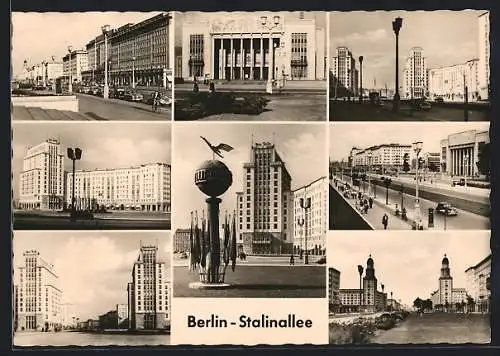AK Berlin, Stalinallee, Deutsche Sporthalle, Lufthansasäule Haus Berlin, Frankfurter Tor