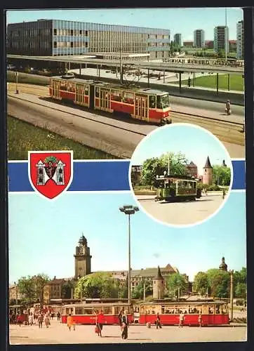 AK Plauen, Strassenbahn am Bahnhof, Rathaus und Wappen