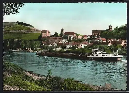 AK Homburg am Main, Ortsansicht über den Fluss, mit Lastkahn