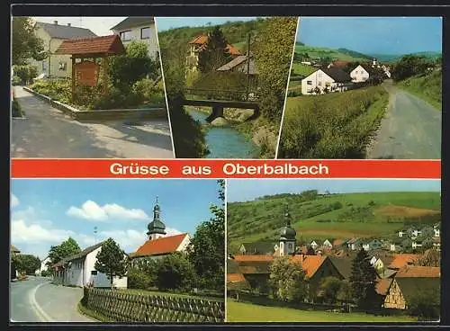 AK Oberbalbach /Lauda, Heinweisschild, Flussbrücke, Blick zur Kirche, Ortsansicht