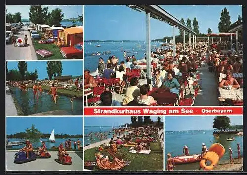 AK Waging am See /Oberbayern, Das Strandkurhaus mit Terrasse und Liegewiese, Campingplatz, Kneippanlage, Mini-Skoter