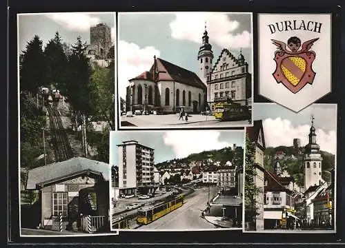 AK Durlach, Bergbahn zur Burg, Strassenbahn vor der Kirche, Blick zur Kirche