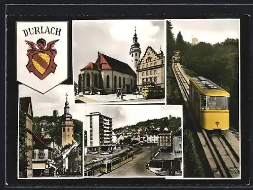 AK Durlach, Die Bergbahn am Hang, Strassenbahn vor der Kirche