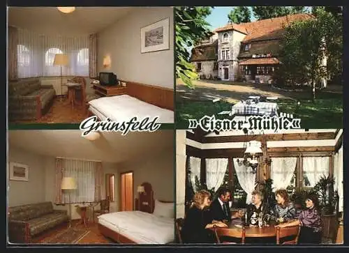 AK Grünsfeld, Das Gasthaus Eisner Mühle, Steinbachstrasse 7, mit Innenansichten