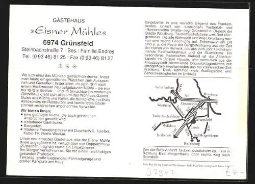 AK Grünsfeld, Das Gasthaus Eisner Mühle, Steinbachstrasse 7, mit Innenansichten