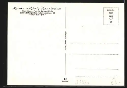 AK Bad Mergentheim, Kurhaus König Sanatorium, Erlenbachweg 21, Fam. Jurgan-König