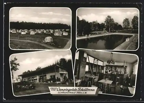 AK Schellbronn /Schwarzwald, Der Campingplatz, mit einem Café mit Innenansicht, Schwimmbad