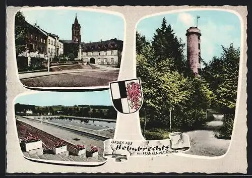 AK Helmbrechts im Frankenwald, Die Kirche, das Schwimmbad, der Turm