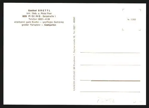 AK Piding, Der Gasthof Brettl, mit Speiseräumen und Karte, Salzstrasse 1, Inh. S. und R. Paar