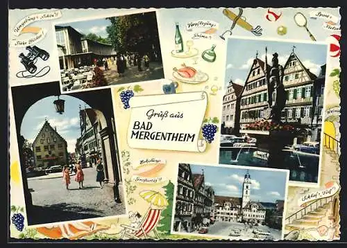 AK Bad Mergentheim, Blick zum Rathaus, Brunnen, Ortspartie, Passepartout mit Touristen-Thema