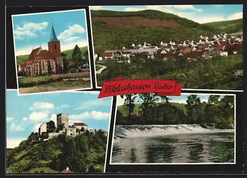AK Niklashausen /Tauber, Die Kirche, Burg, Uferpartie, Gesamtansicht