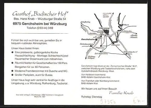 AK Gerchsheim bei Würzburg, Gasthof Badischer Hof, Inh. Hans Knab, Würzburger Strasse 54
