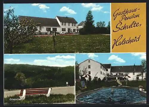 AK Halscheid, Gasthaus-Pension Schulte, mit Schwimmbad im Garten, Ortspartie