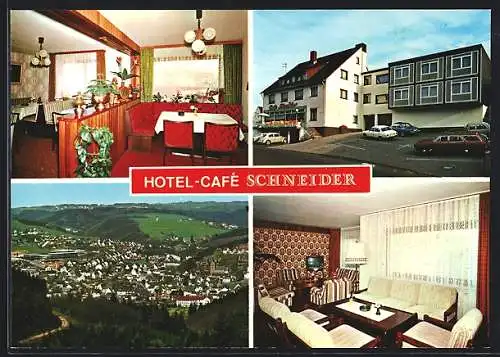 AK Morsbach / Sieg, Hotel-Cafe Schneider, Innen und Aussenansicht, Ortsansicht