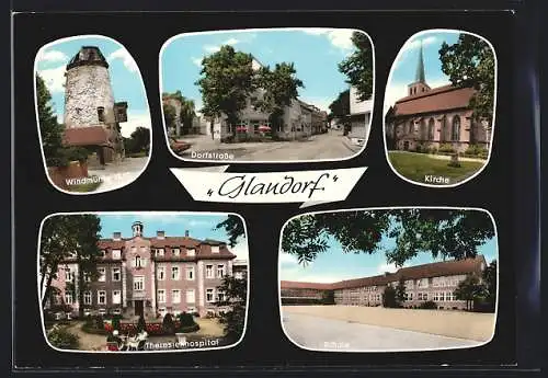 AK Glandorf, Dorfstrasse, Windmühle, Kirche, Theresienhospital, Schule