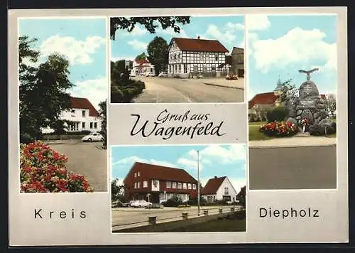 AK Wagenfeld /Diepholz, Kriegerdenkmal, Fachwerkhaus, Ortspartie
