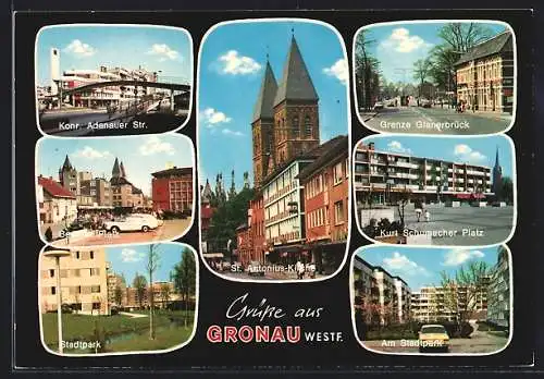 AK Gronau /Westf., Kurt Schumacher Platz, Berliner Platz, Konrad Adenauer Str., St. Antonius-Kirche, Stadtpark