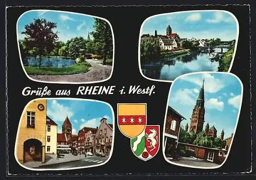 AK Rheine i. Westf., Stadtpark, Blick zur Kirche, Flusspartie