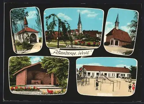 AK Altenberge /Westf., Waltruper Kapelle, Kath. Kirche, Evgl. Kirche, Kriegergedächtniskapelle, Kindergarten