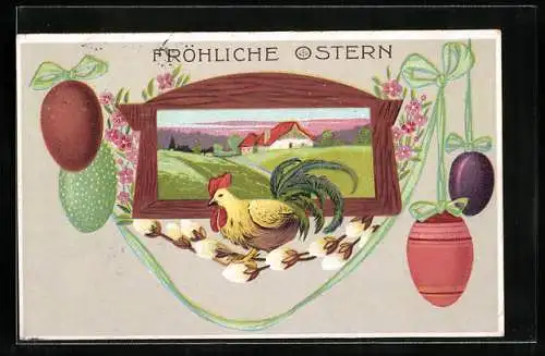 AK Hahn auf einem Weidenkätzchenast, bunte Eier zu Ostern