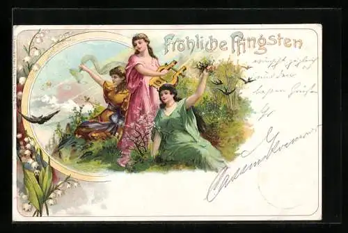 Lithographie Hübsche Frauen mit Harfe wünschen fröhliche Pfingsten