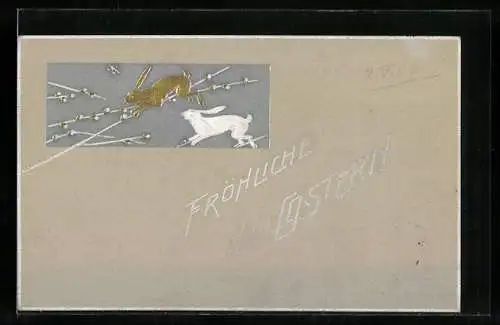 Präge-AK Osterhasen springen über die Weidenkätzchen