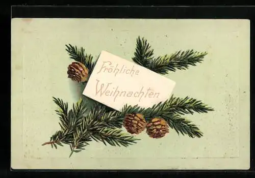 AK Fröhliche Weihnachten, Tannenzweig mit Zapfen