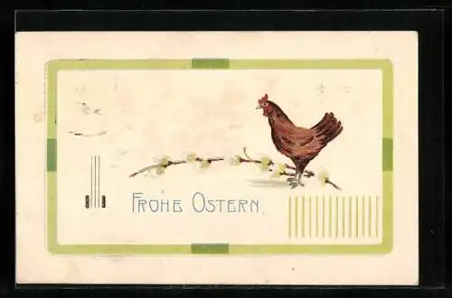 Präge-AK Henne und Weidenkätzchen zu Ostern