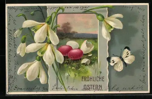 Präge-AK Fröhliche Ostern, zerbrochenes Osterei und Schmetterling mit weissen Blumen