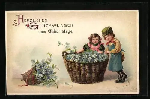 Präge-AK Knabe und Mädchen nebst Blumenkorb, Geburtstag