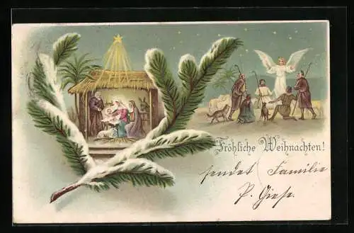 AK Weihnachtsengel segnet die Hirten, Jesus mit Maria und Josef im Stall