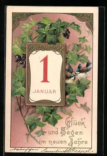 AK Neujahr, Kalenderblatt mit dem 1 Januar, Vögel und Trauben