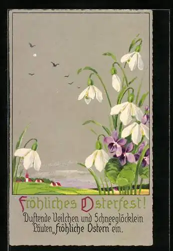 AK Veilchen und Schneeglöckchen zu Ostern am Blühen