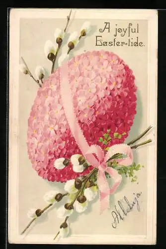 Präge-AK Ostern, Osterei aus rosanen Blüten mit Weidenkätzchen und Schleife