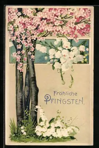 Präge-AK Fröhliche Pfingsten, Blühender Kirschbaum und Maiglöckchen