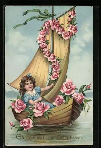 Präge-AK Glückwunsch zum Geburtstag, Mädchen auf einem Segelschiff mit grossen Rosen