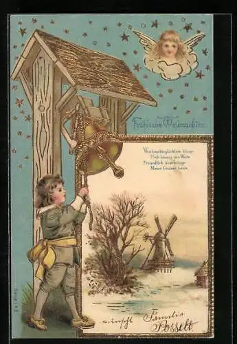 Lithographie Weihnachtsengel schaut einem Jungen beim Glocken läuten zu