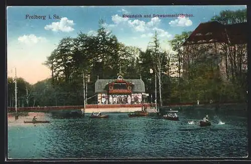 AK Freiberg /Sa., Kreuzteich und Schwanenschlösschen