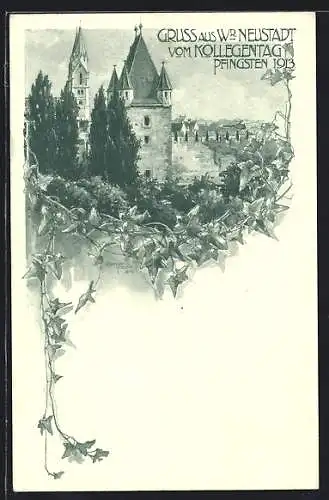 Künstler-AK Wr. Neustadt, Kollegentag Pfingsten 1913, Burg im Efeu-Passepartout