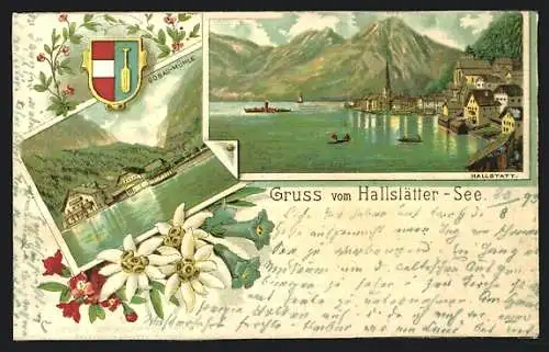 Lithographie Hallstatt, Gosau-Mühle und Hallstätter See im Edelweiss-Passepartout