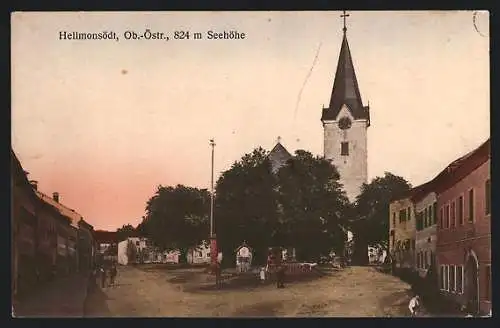 AK Hellmonsödt, Partie am Marktplatz mit Kirche