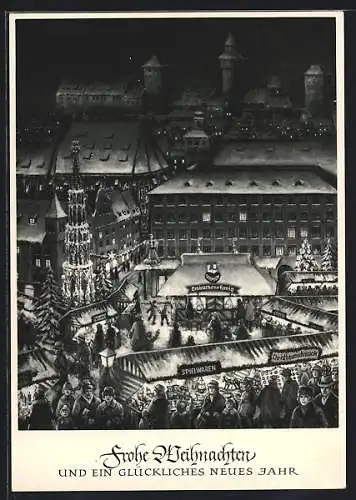 Künstler-AK Nürnberg, Christkindlesmarkt 1965, Burg, Schöner Brunnen und Schmidt`s Honig- und Lebkuchenhaus