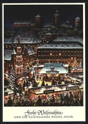 Künstler-AK Nürnberg, Christkindlesmarkt 1965, Burg, Schöner Brunnen und Schmidt`s Honig- und Lebkuchenhaus